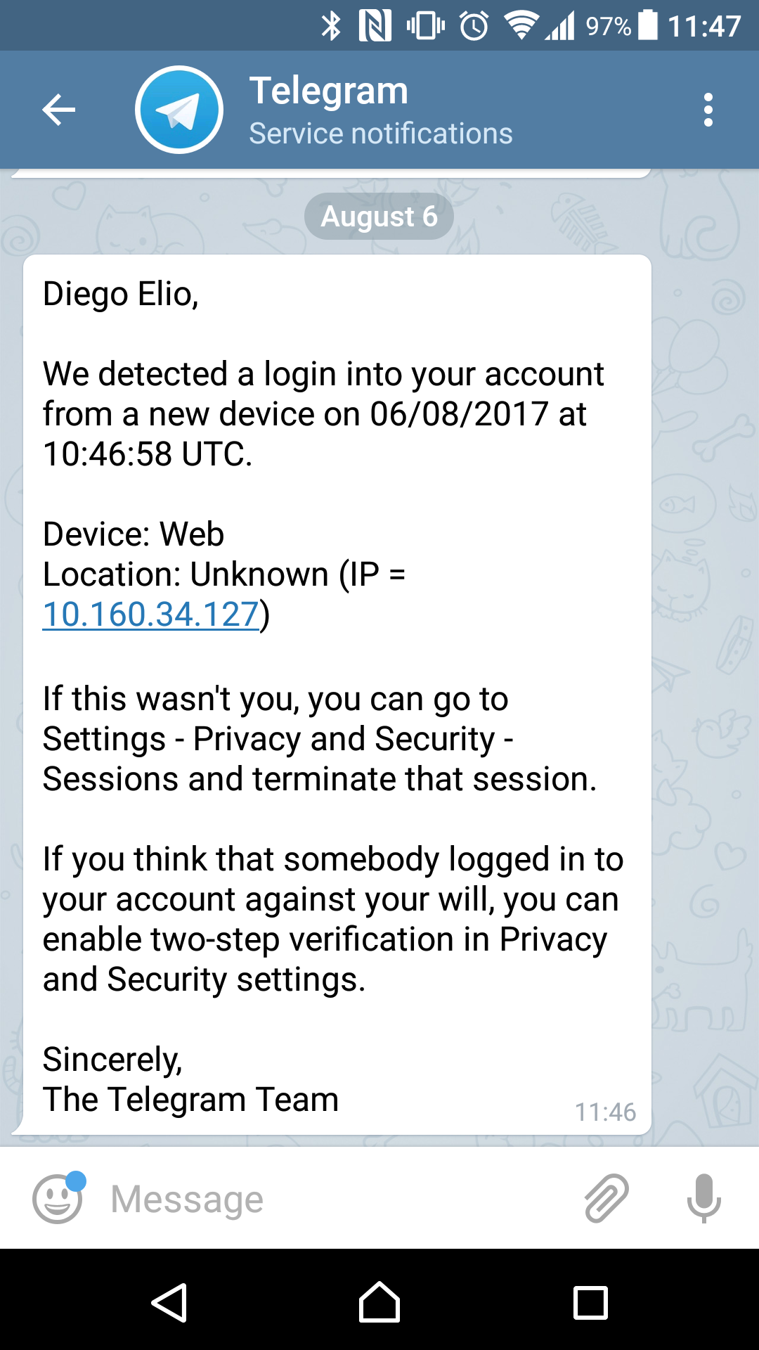 Screenshot of Telegram from Android declaring my IP as 10.160.34.127.