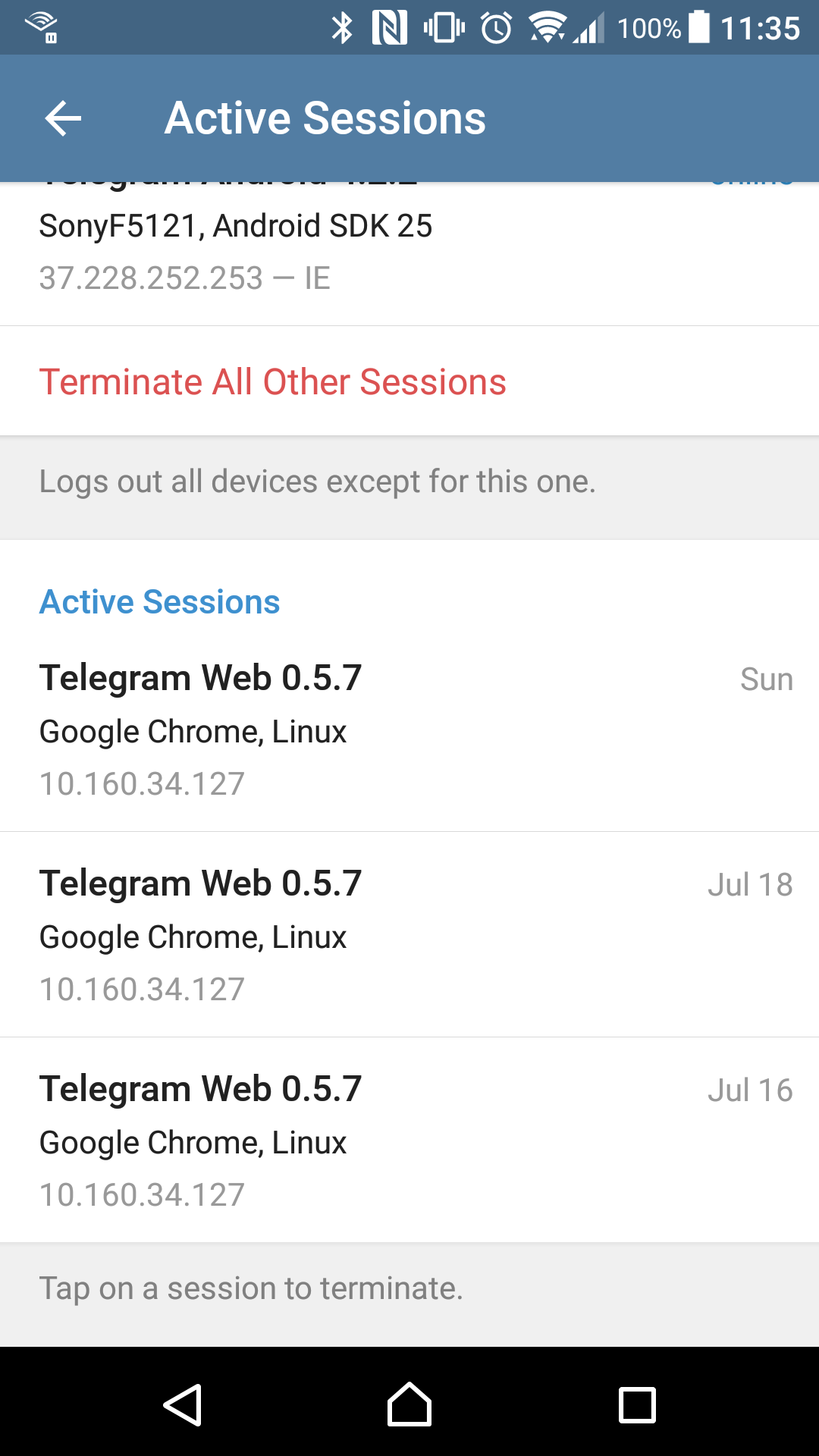 Screenshot of Telegram from Android declaring three open sessions for 10.160.34.127.